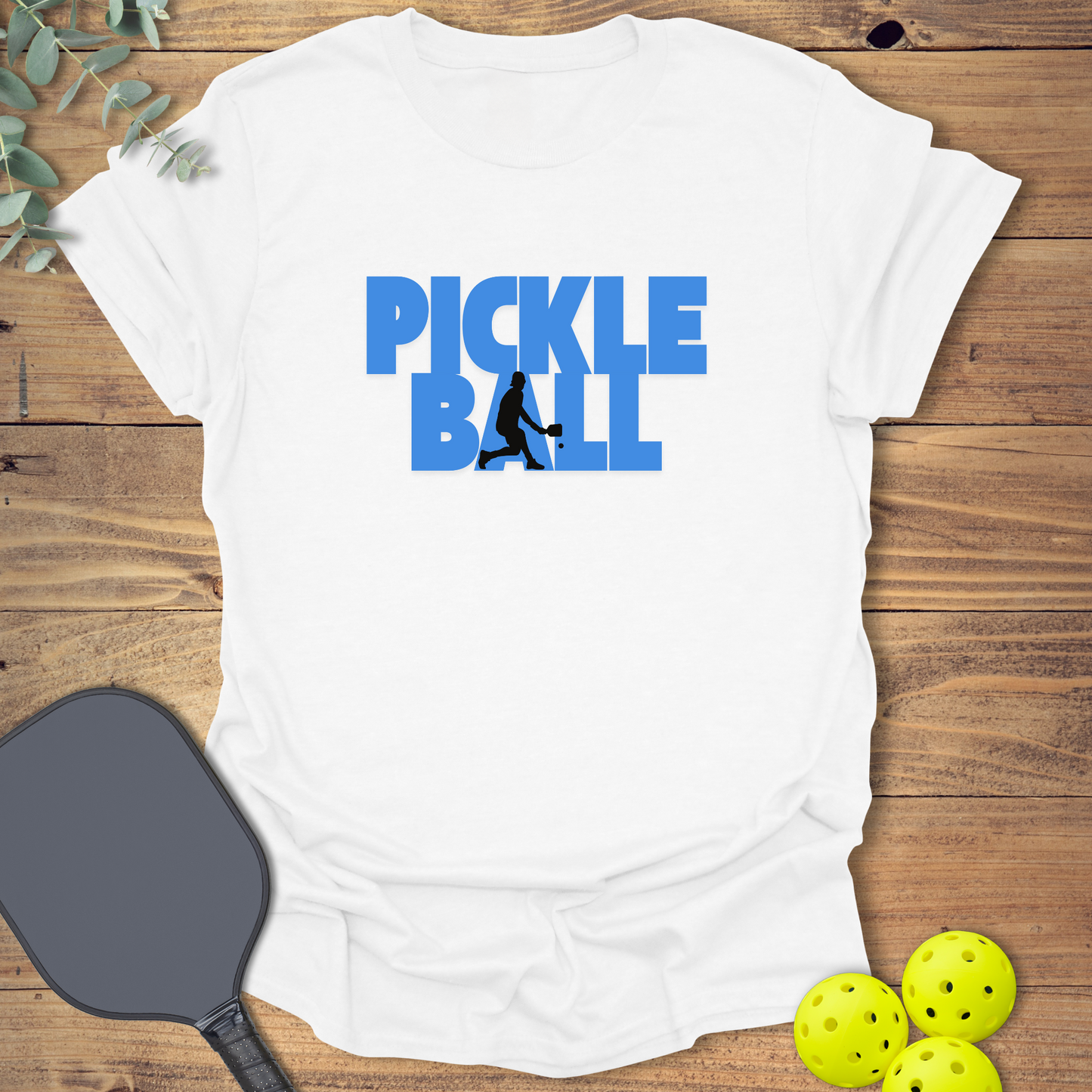 graphic pickleball t-shirt with a pickleball player silhouette in white