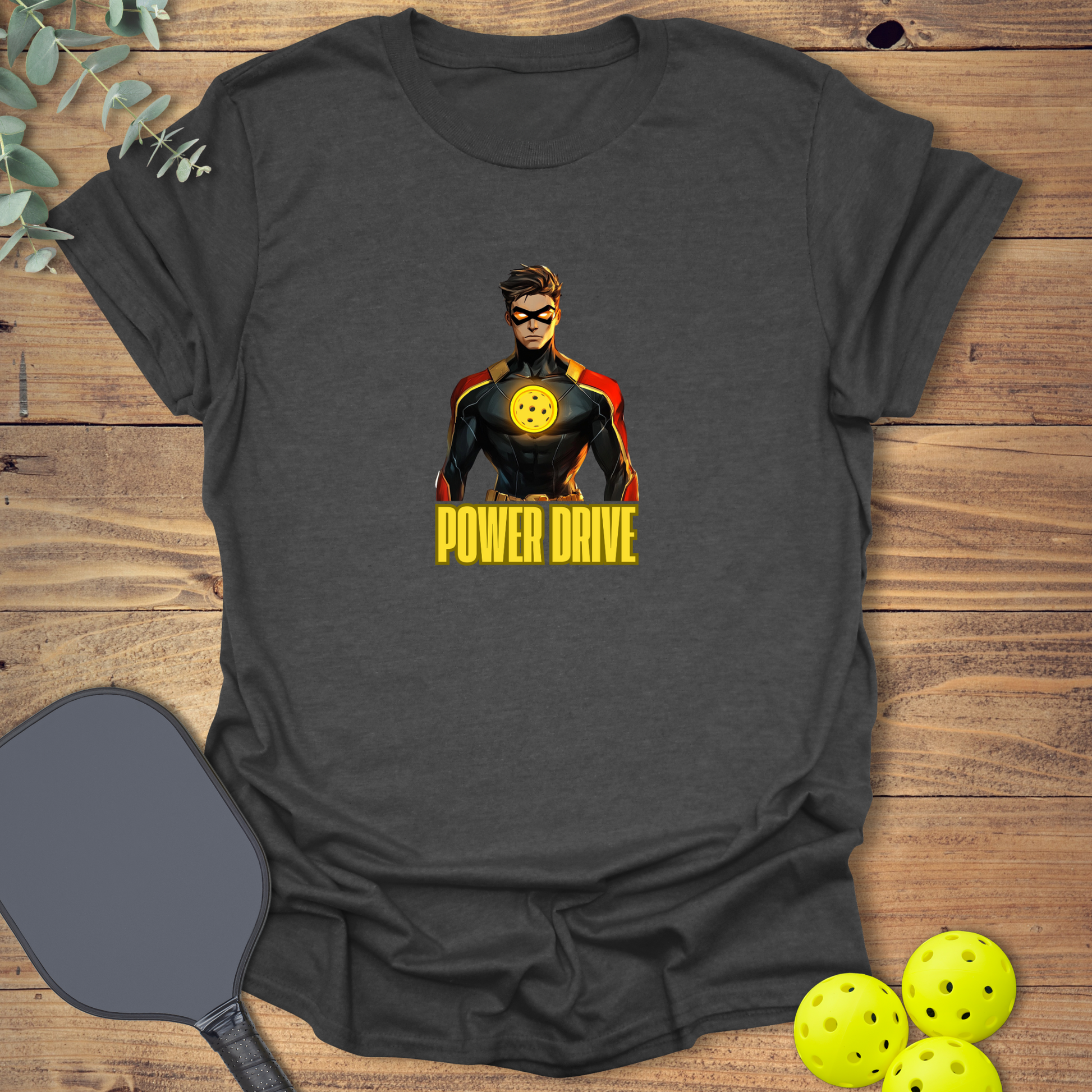 funny pickleball t-shirt with a superhero design in grey