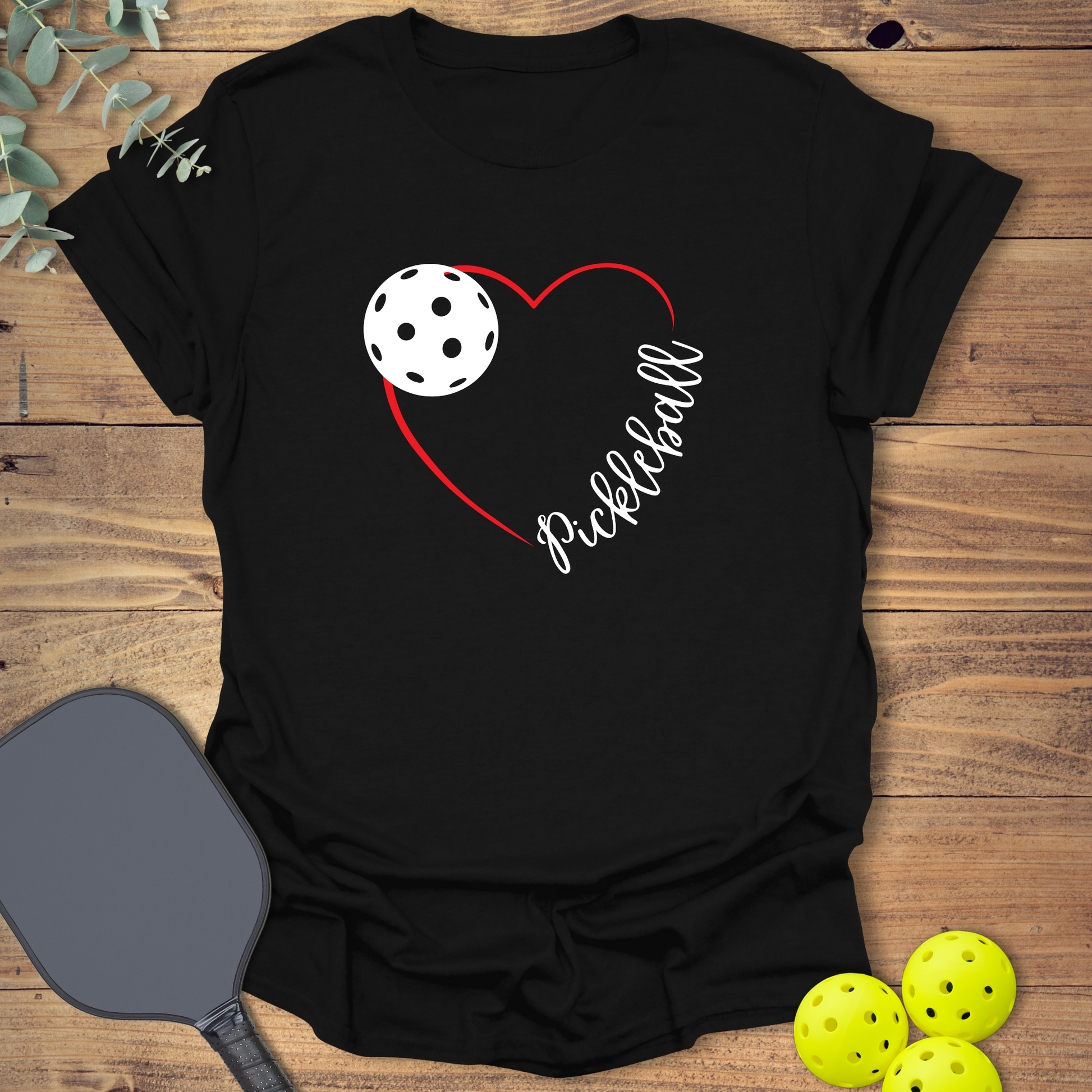love pickleball t-shirt with a heart in black