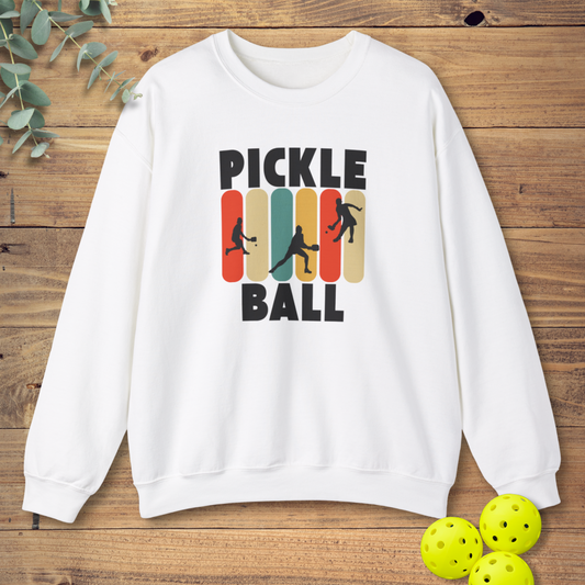 pickleball player sweatshirt with a retro-style design in white