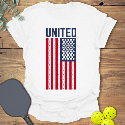 Patriotic pickleball t-shirt with an American flag in white