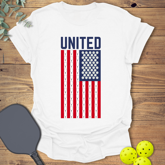 Patriotic pickleball t-shirt with an American flag in white