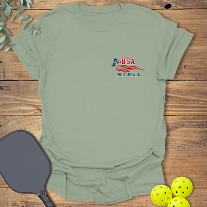 pocket pickleball t-shirt with a USA patriotic design in sage green