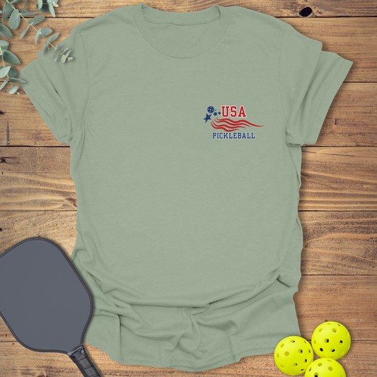 pocket pickleball t-shirt with a USA patriotic design in sage green