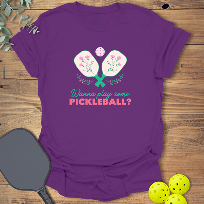 Fun pickleball t-shirt with a cute flower design in purple